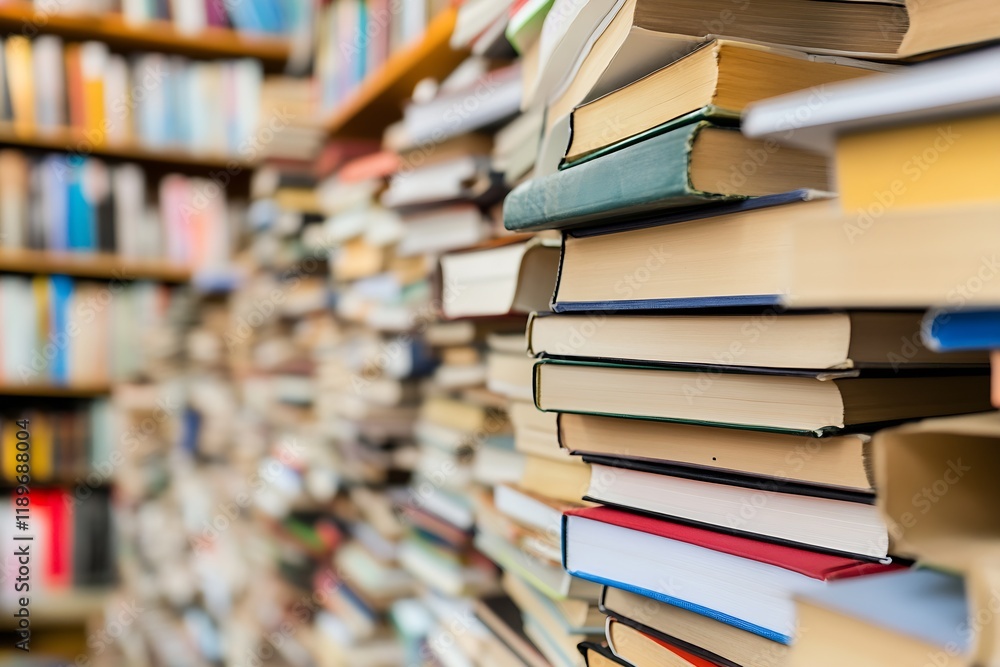 Poster extensive library with rows of books in warm ambient light : generative ai