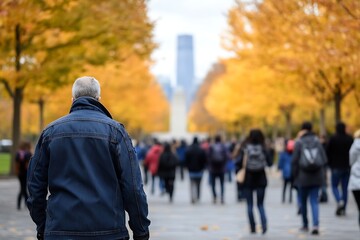 Man Strolling Through Autumn Path in City Park with Vibrant Yellow and Orange Leaves : Generative AI