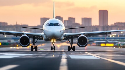 Obraz premium Commercial Airplane Taking Off at Sunset on Bustling City Runway : Generative AI