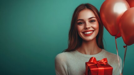 Naklejka premium Smiling young female holding gift and red balloons against a turquoise background