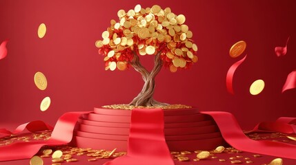 Prosperity Tree: A 3D Render of Abundant Wealth and Good Fortune for Lunar New Year