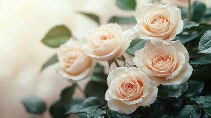 Obraz premium Elegant cream-colored roses in bloom among lush greenery