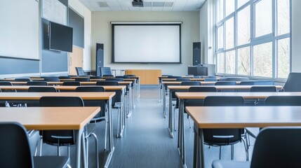 Empty Classroom Ready for Learning: Modern Lecture Hall with Desks and Projector