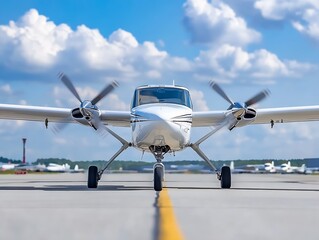 Fototapeta premium Airplane Taxiing on Runway with Clear Blue Sky and Dynamic Propeller Movement at a Busy Airfield : Generative AI