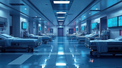 Fototapeta premium Long hospital corridor with empty beds and medical equipment at night.