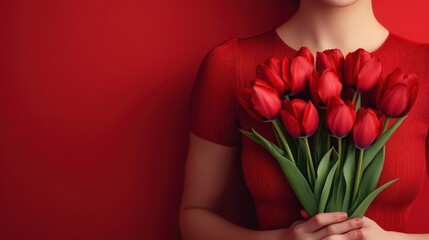 Woman in red dress holding bouquet of tulips against red background