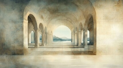 Fototapeta premium Panoramic painting of a long cloister with elegant arches, blending into a peaceful lakeside view. 