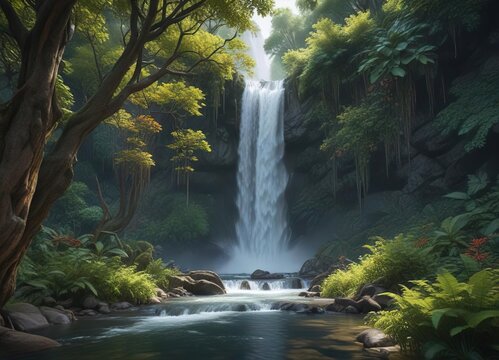 Dense thicket of tilo trees surrounding a cascading waterfall, undergrowth, tilos