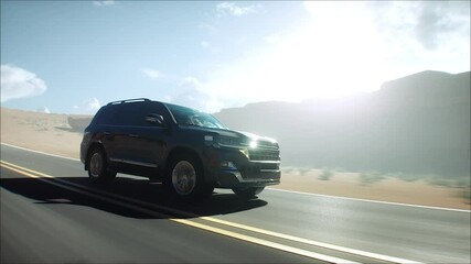 3d model luxury black car on desert highway. Very fast driving. Realistic 4k animation. - Powered by Adobe