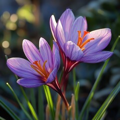 Fototapeta premium Close-up of Two Purple Crocus Flowers in Sunlight