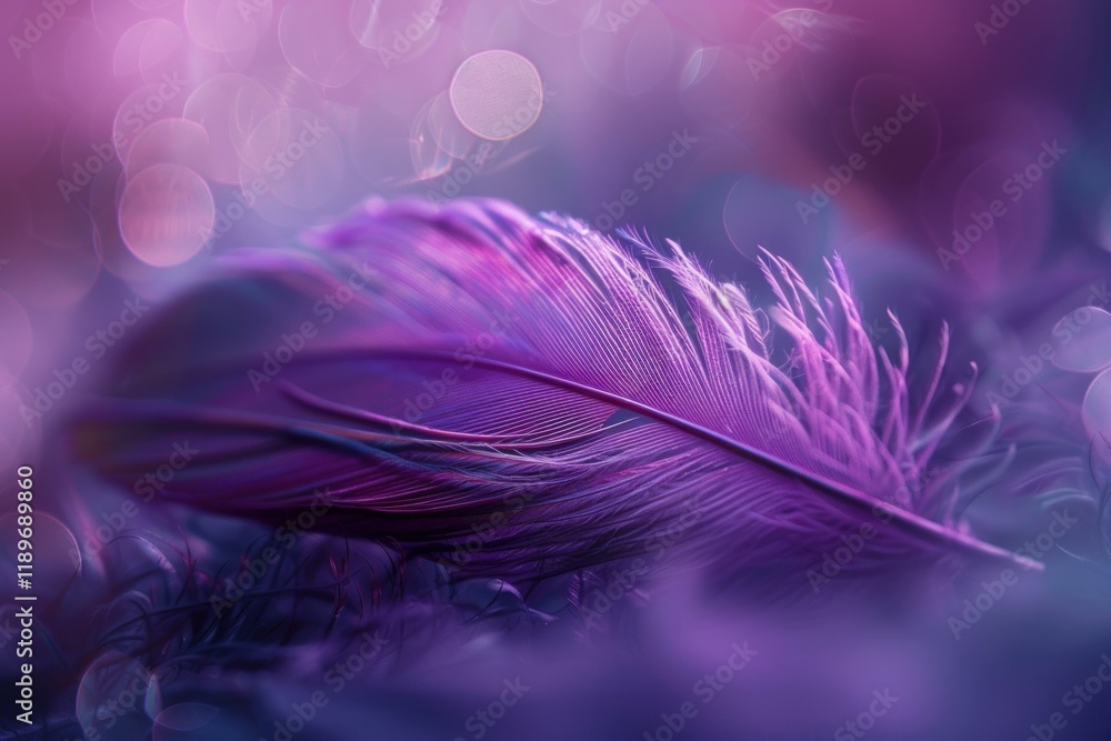 Poster purple feather lying on a blurred background creating a soft and airy atmosphere