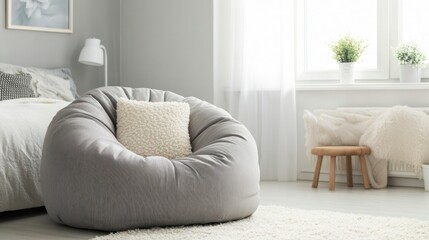 Cozy Grey Beanbag Chair in a Bright Bedroom
