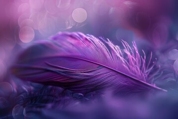 Obraz premium Purple feather lying on a blurred background creating a soft and airy atmosphere