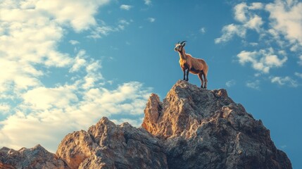 Goat standing on mountain peak under a vibrant sky.
