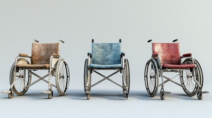 Fototapeta premium Three classic wheelchairs in a row with distinct colors and textures
