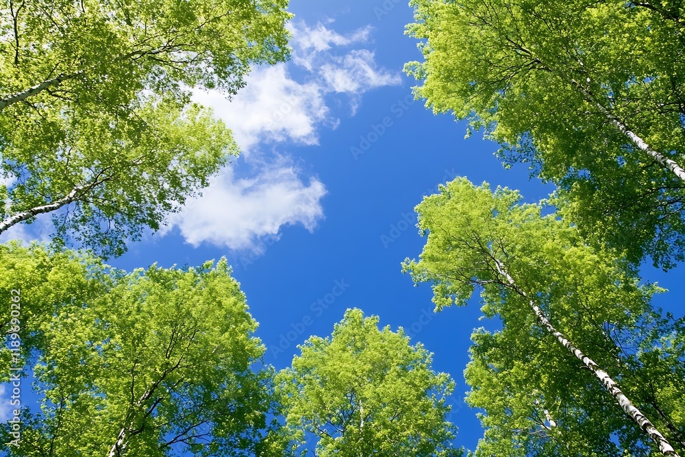 Poster sunlit green tree canopy with view of clear blue sky and white clouds : generative ai