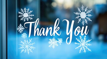 A beautiful thank you message adorned with snowflakes is displayed on a window, capturing the spirit of gratitude and warmth during the winter season