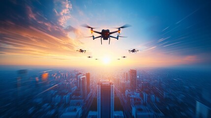 Naklejka premium Group of Drones Flying Over Cityscape During Sunset with Cloudy Sky