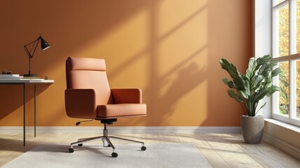 Modern Home Office Interior Design with Orange Walls and Comfortable Leather Chair
