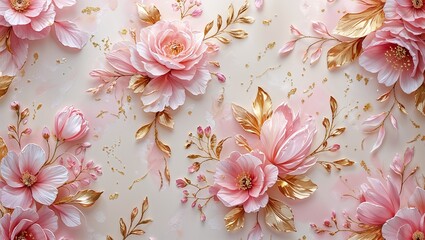 Delicate Whimsical Pink and Gold Floral Pattern, Featuring Soft Petals and Elegant Details, Creating a Romantic and Sophisticated Design Perfect for Elegant Spaces and Beautiful Decor