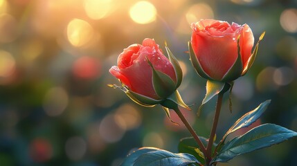 Dew-kissed red rosebuds in soft sunlight with glowing bokeh background
