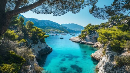 Stunning Aerial View of Beautiful Coastal Cove with Lush Greenery and Turquoise Waters of Mediterranean Sea : Generative AI