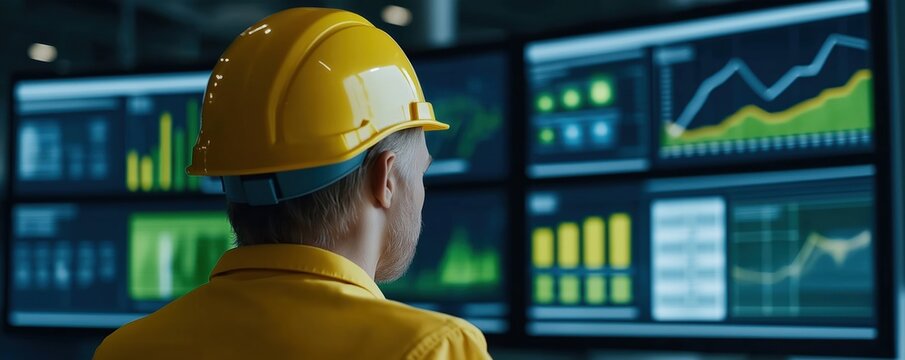 Engineer in yellow uniform reviews eco tech data on multiple monitors. Modern workplace displays project info, graphs. Wind turbine energy stats visible on screens. Focus on sustainable energy