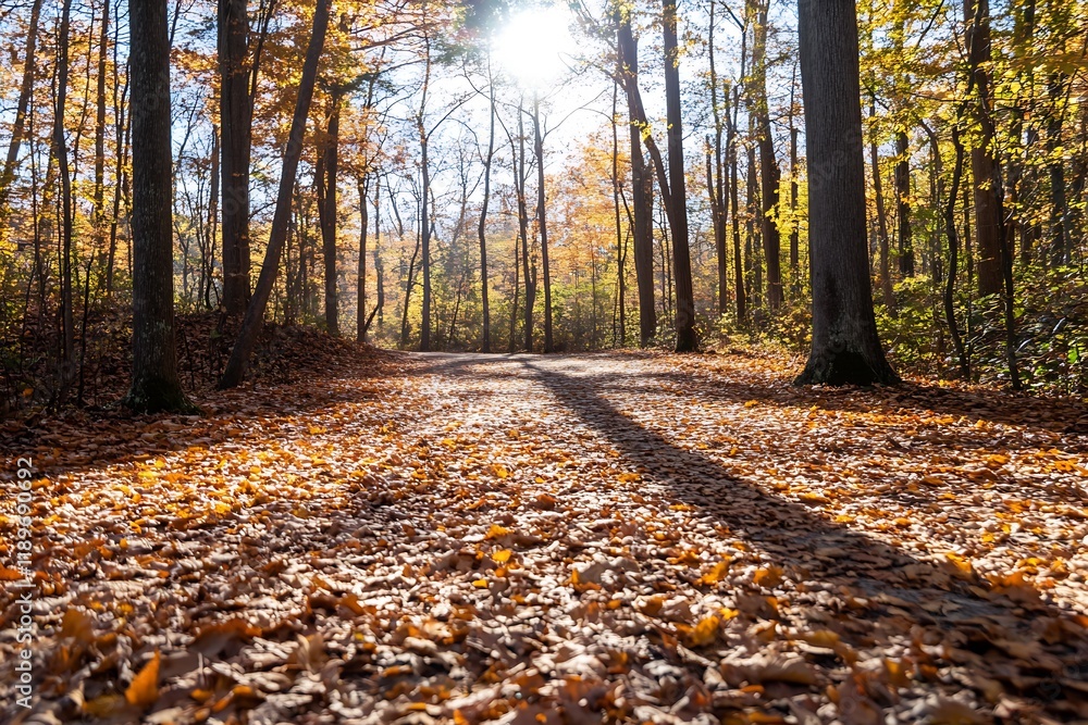 Poster sunlit forest path covered with golden autumn leaves : generative ai