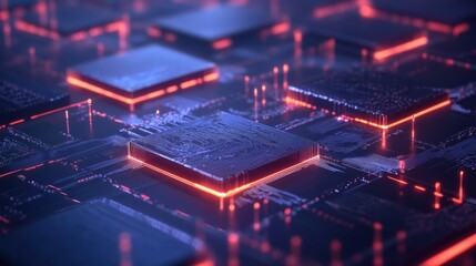 Obraz premium Abstract Digital Circuitry: Neon Glow on Microchip Network