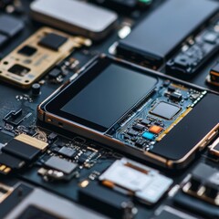 Fototapeta premium Close-up View of Smartphone Screen and Motherboard Components