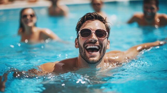 Joyful Summer Day at the Pool: A Man's Refreshing Dip