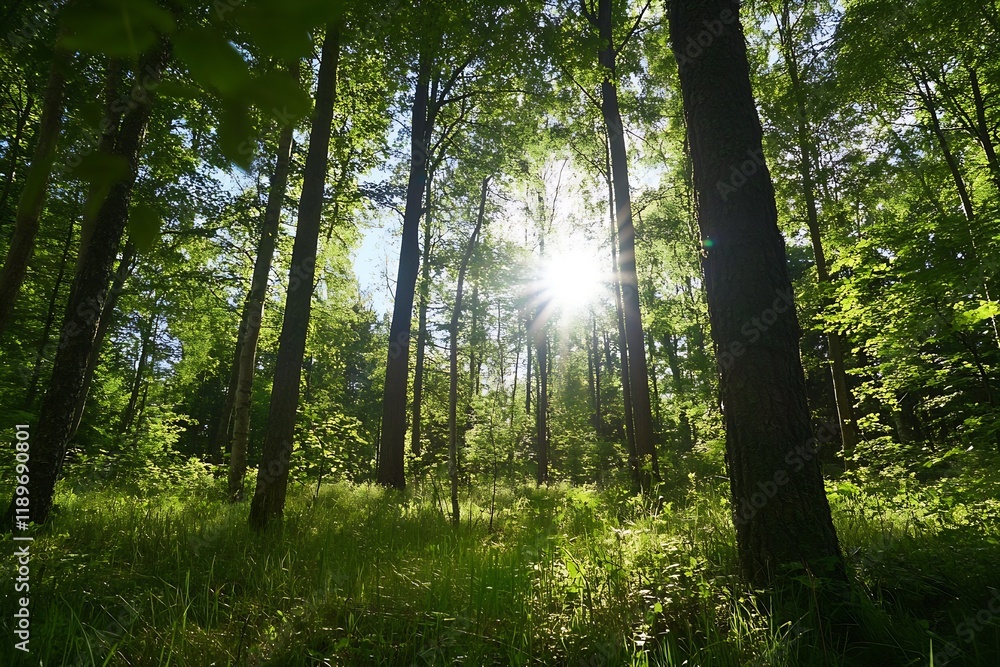 Aufkleber Sunlight Filtering Through Tall Green Forest Trees in Tranquil Natural Setting : Generative AI