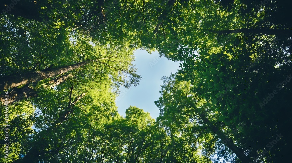 Poster lush green forest canopy with sunlight peeking through tall trees : generative ai