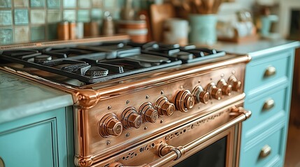 Copper vintage gas stove in a rustic kitchen. Close up of controls and burners. Rustic style kitchen design. Kitchen appliance details. Interior design element.