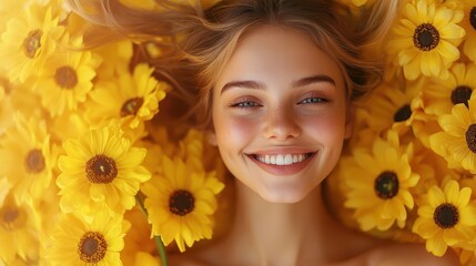 Naklejka premium Young woman smiling among bright yellow sunflowers in a sunlit field