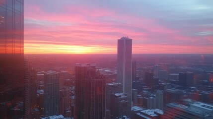 Fototapeta premium Chicago Skyline Sunrise: A Breathtaking View of Cityscape at Dawn