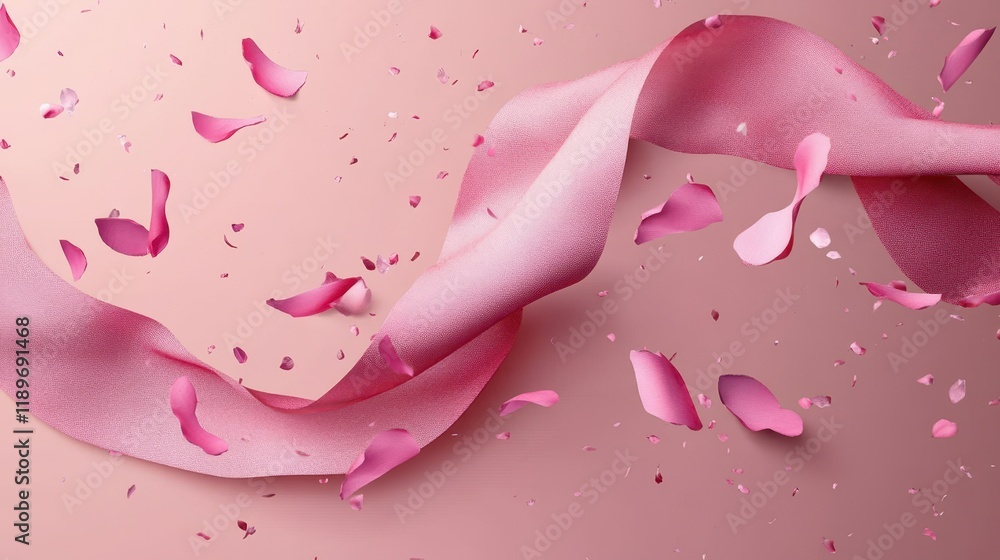 Poster pink ribbon and petals on soft background creating a romantic atmosphere
