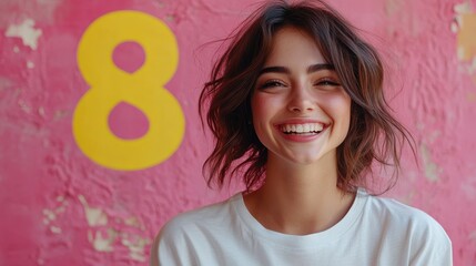 Fototapeta premium Smiling young female with short hair against pink wall with yellow number eight