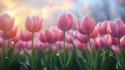 Sunlit pink tulips in bloom at sunrise in a vibrant garden