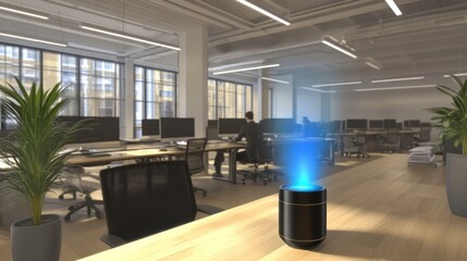 Modern Office Air Purifier with Blue Light, Clean and Serene Workspace