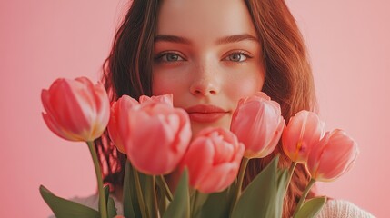 Fototapeta premium Young female holding pink tulips against a pastel background