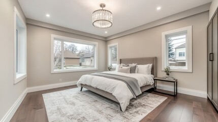 Elegant Master Bedroom Interior Design with Large Windows and Neutral Tones