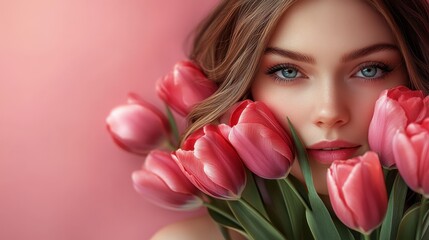 Fototapeta premium Young woman among pink tulips with soft expression and bright eyes