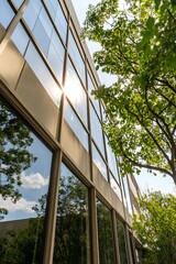 Modern Glass Office Building Reflections Among Green Leafy Trees Eco Friendly Design : Generative AI