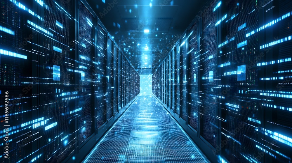Poster futuristic data center corridor with digital technology network : generative ai