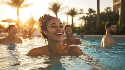 Joyful friends laughing in a refreshing pool during a golden sunset