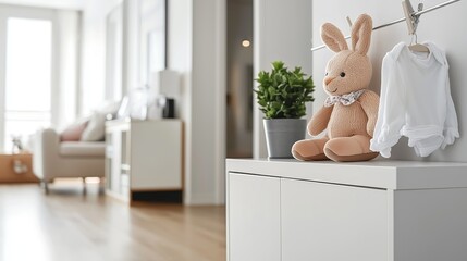 Minimalist Interior with Baby Plush Toy and Soft Clothing in Modern Space