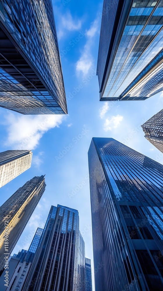 Poster stunning low angle view of skyscrapers against a clear blue sky with clouds : generative ai