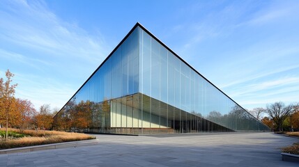 Modern glass museum architecture reflecting autumn trees.