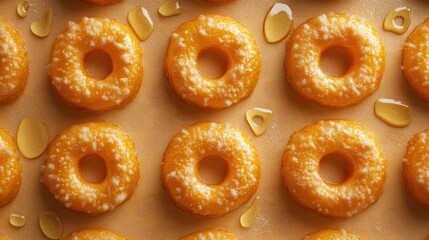 Golden glazed donuts with honey drizzle on warm background